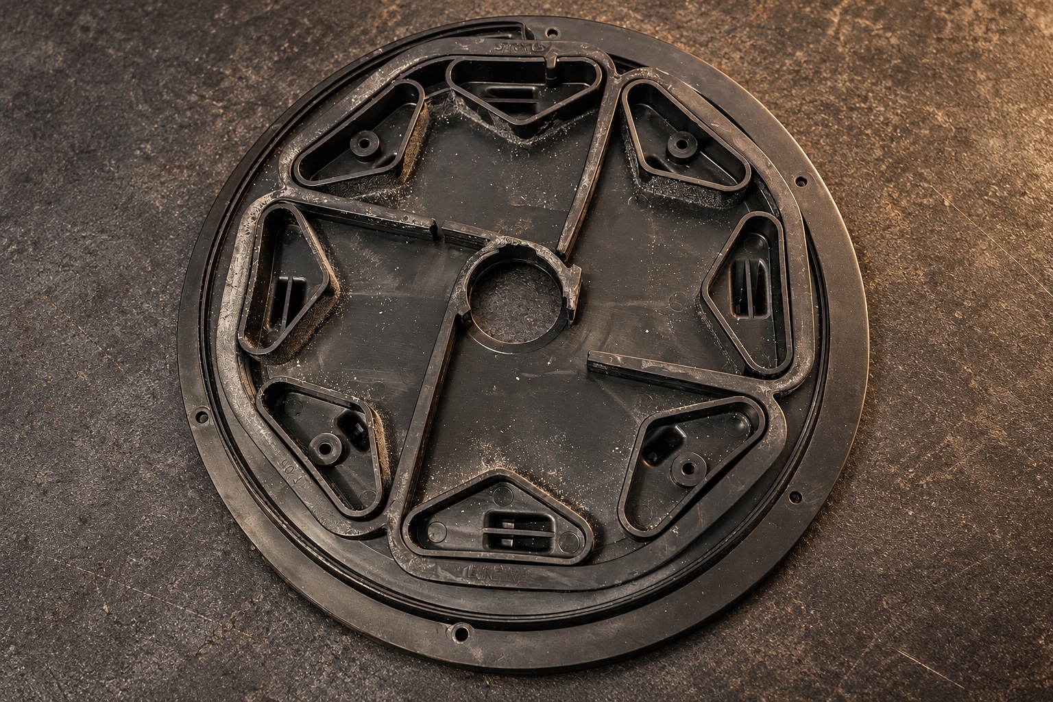 A broken 5 lb SpiraFlex resistance band with four radial spokes and its original molded outer pattern