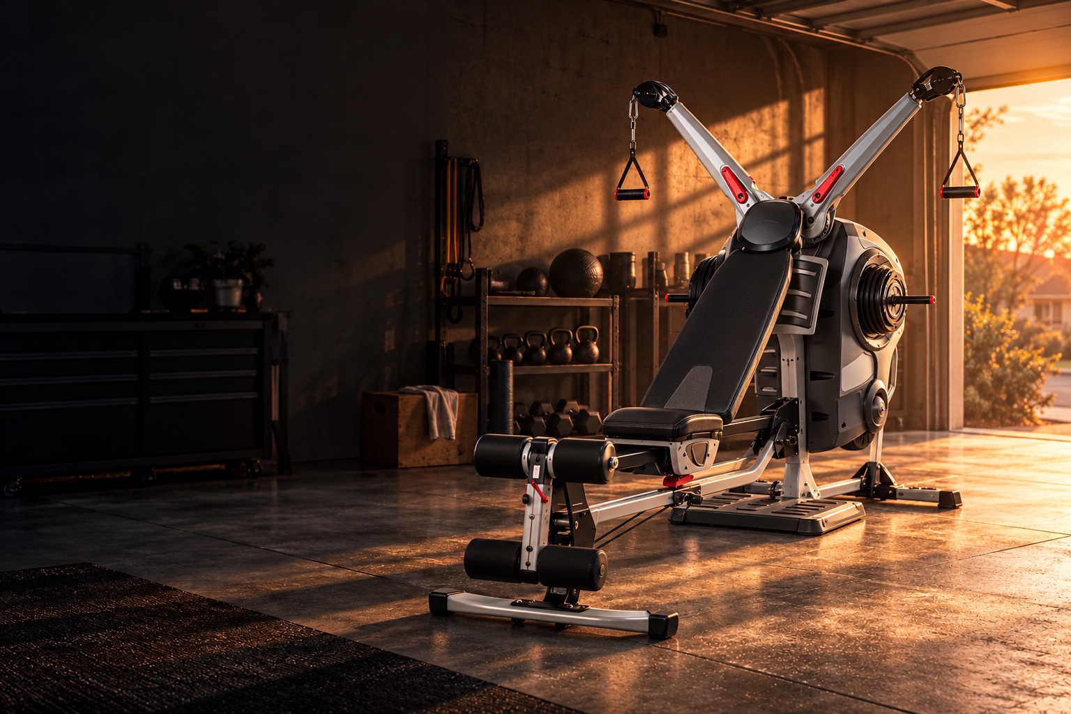 A Bowflex Revolution with silver V-shaped arms, an inclined bench, and side-mounted resistance packs