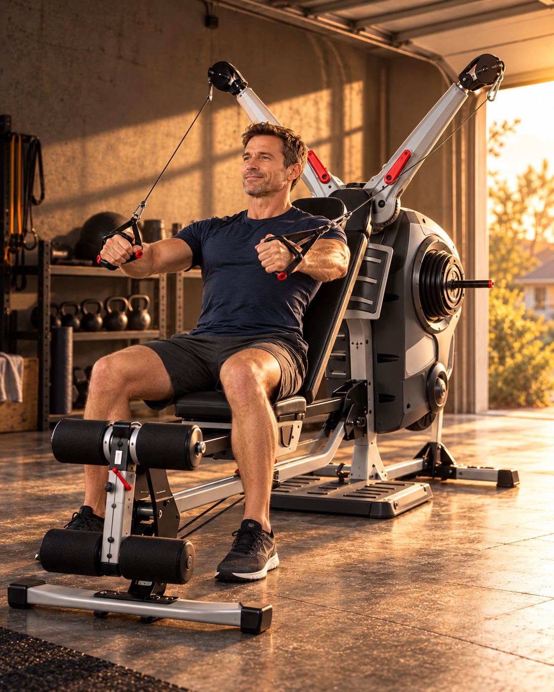 An adult man using the referenced Bowflex Revolution for a seated cable chest press